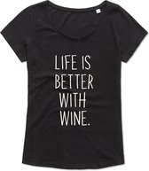 Dames - T-Shirt - Casual T-Shirt - Fun T-Shirt - Fun Tekst - Lifestyle T-Shirt - Outdoor Shirt - Wijn - Life Is Better With Wine - Zwart - XL