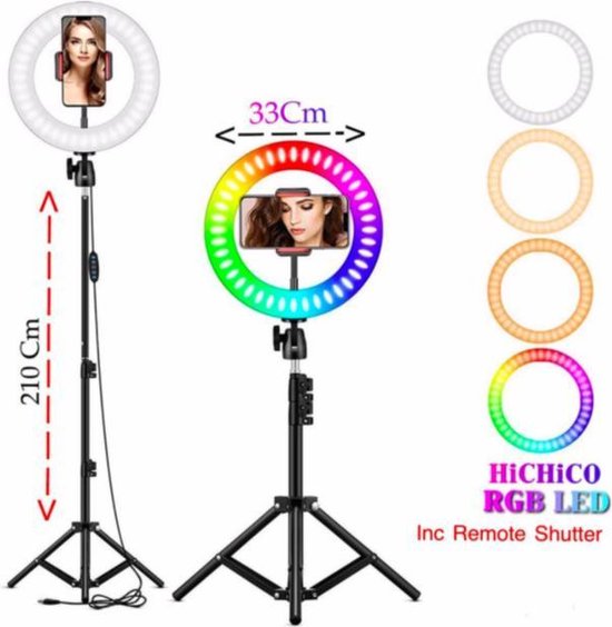 Selfie LED Ring Lamp met Kleuren 33Cm / RGB LED + Statief Tripod Camera