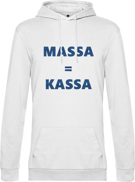 Hoodie met opdruk “Massa is kassa” Witte hoodie met blauwe opdruk – Goede pasvorm, fijn draag comfort