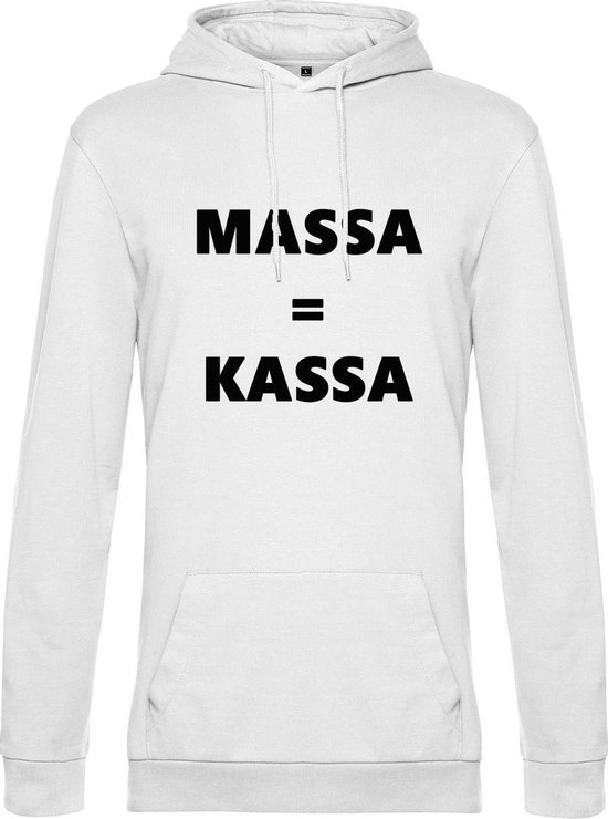 Hoodie met opdruk “Massa is kassa” Witte hoodie met zwarte opdruk – Goede pasvorm, fijn draag comfort