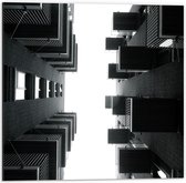 Dibond - Gebouwen van Onder (Zwart Wit) - 50x50cm Foto op Aluminium (Met Ophangsysteem)