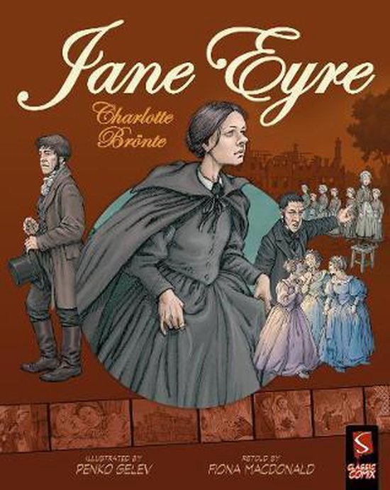 Couverture du livre 'Jane Eyre' illustrée par Penko Gelev. Une femme en robe sombre est au centre.