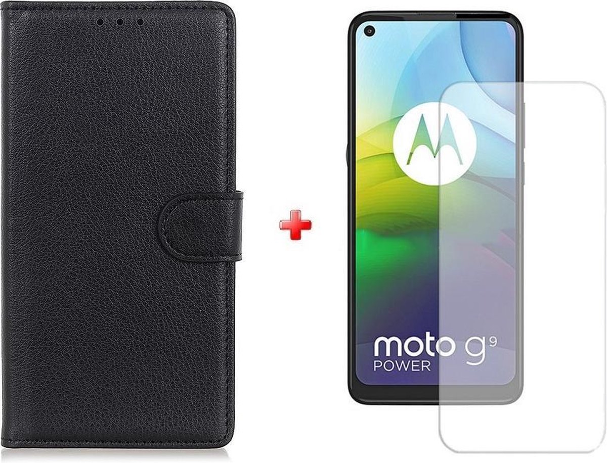 Motorola Moto G9 Power wallet agenda hoesje zwart + glas screenprotector