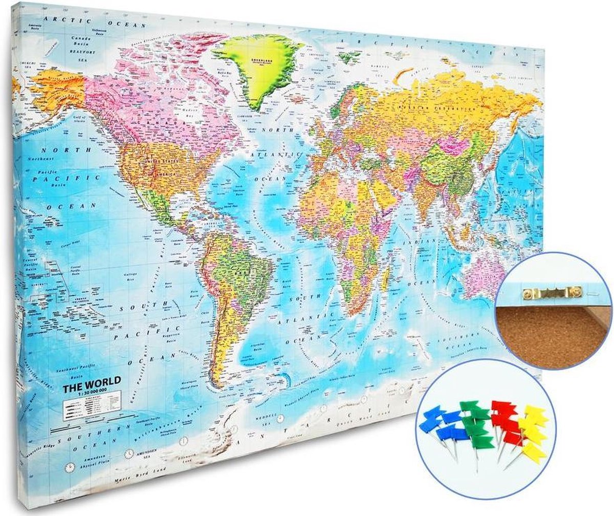 Wereldkaart Canvas Prikbord 60x90cm | bol.com