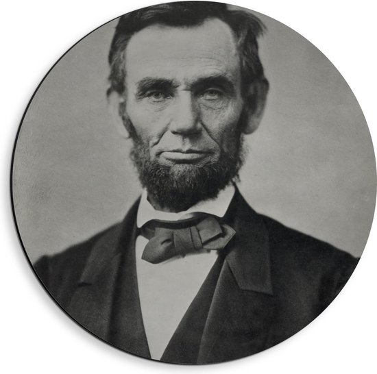 Dibond Wandcirkel - Voormalige President Abraham Lincoln (zwart - wit) - 40x40cm Foto op Aluminium Wandcirkel (met ophangsysteem)