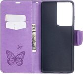 Samsung Galaxy S21 Ultra Hoesje Wallet Case met Vlinder Print Paars