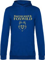 Hoodie met opdruk “Daarvan word ik Foxwild” - Blauwe hoodie met gele opdruk – Goede pasvorm, fijn draag comfort