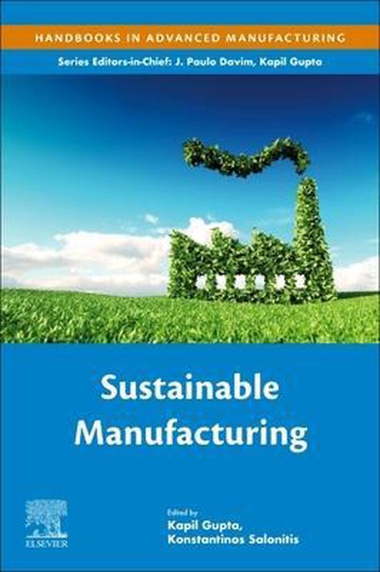 Boek "Sustainable Manufacturing" met een fabriek van struiken op een groen veld onder een blauwe lucht.