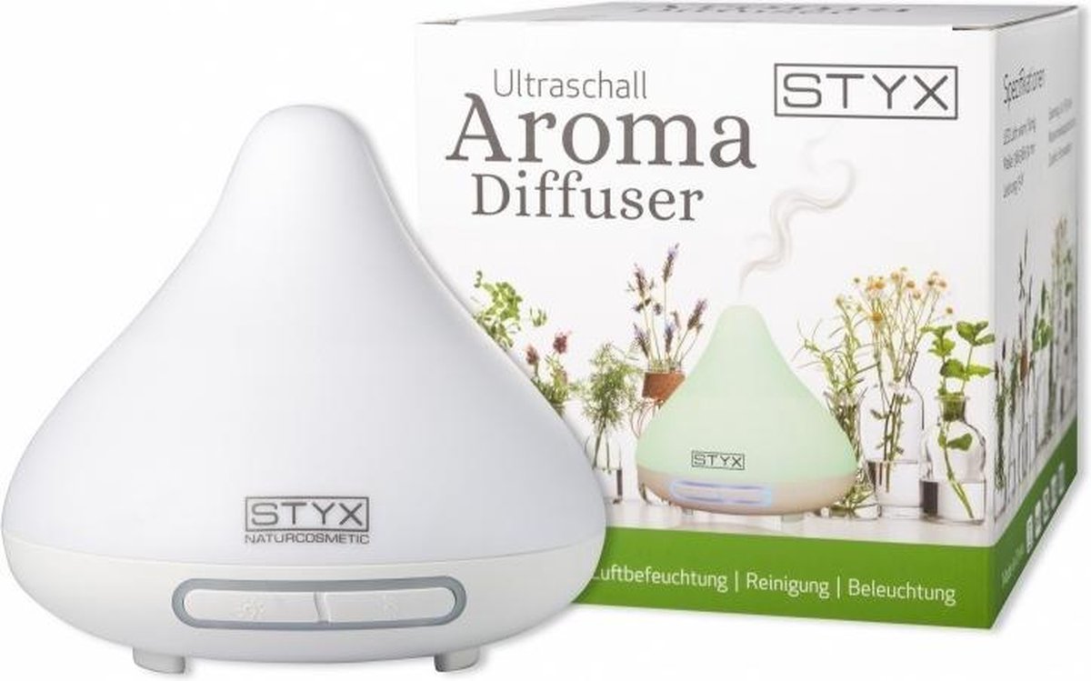 STYX - Aroma Diffuser - 140ml - Geurverspreider - Nevel verstuiver - Luchtbevochtiger - Luchtverfrisser - Interieur parfum - Voor etherische oliën - 14 cm - Essentiele olie - Diffuser - Sfeervolle kleur LED verlichting - Voor grote en kleine ruimtes.