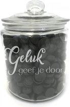 Grote snoeppot /koekpot (zonder drop) met tekst gravure QUOTE: GELUK GEEF JE DOOR. Cadeau-verjaardag-bedankje. Dik sterk glas. Het formaat is 25cm incl. deksel, 19cm doorsnede, inh