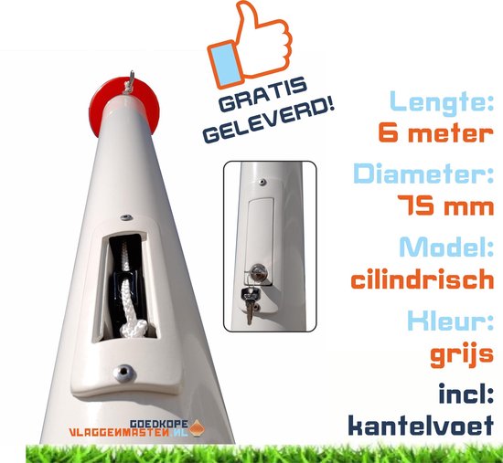 Onderhoudsvrije Vlaggenmast - Cilindrisch 75 mm - Anti-diefstal - 6 m - Aluminium - Met Clinderslot, Contra-gewicht En Kantelvoet - Grijs