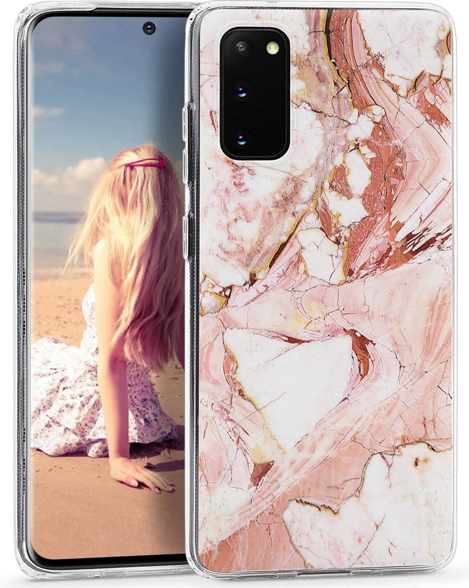 Geschikt voor Samsung Galaxy S20 Plus hoesje - Roze - Marmer - Soft TPU