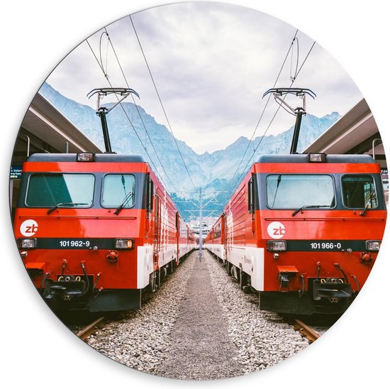 Dibond Wandcirkel - Twee Rode Treinen in Berggebied - 80x80cm Foto op Aluminium Wandcirkel (met ophangsysteem)