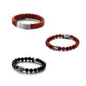 Frank 1967 7FR SET001 Armbanden Set Rood - 3 Stuks - Hout, Leer en Natuursteen - One-size - Rood / Zwart