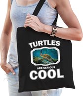 Dieren zee schildpad  katoenen tasje volw + kind zwart - turtles are cool boodschappentas/ gymtas / sporttas - cadeau schildpadden fan