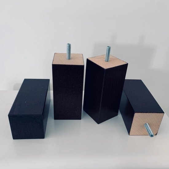 Set van 4 stuks houten Boxspring Bedden Meubelpoten Zwart Beuken 16 cm hoogte 7x7 cm met M8 draadeinde