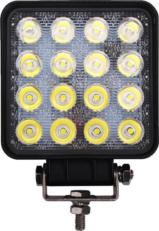 Vierkante werklamp met 16 LED's, waarbij de buitenste rij wit is en de binnenste rij geel. Verstelbare beugel.