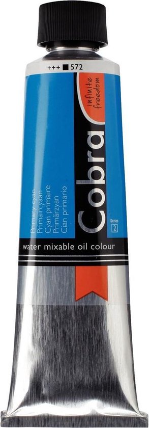 Tube de peinture Cobra, couleur à l'huile miscible à l'eau, 150ml, 572 cyan primaire, avec étiquette orange et bleue.