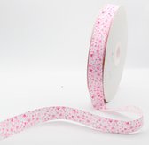 10 meter Lint Bedrukt met ** Roze Hartjes ** , Prima Kwaliteit,  ideaal voor Valentijn, Scrapbooking, enz... Grosgrain 25mm (Ribsband)