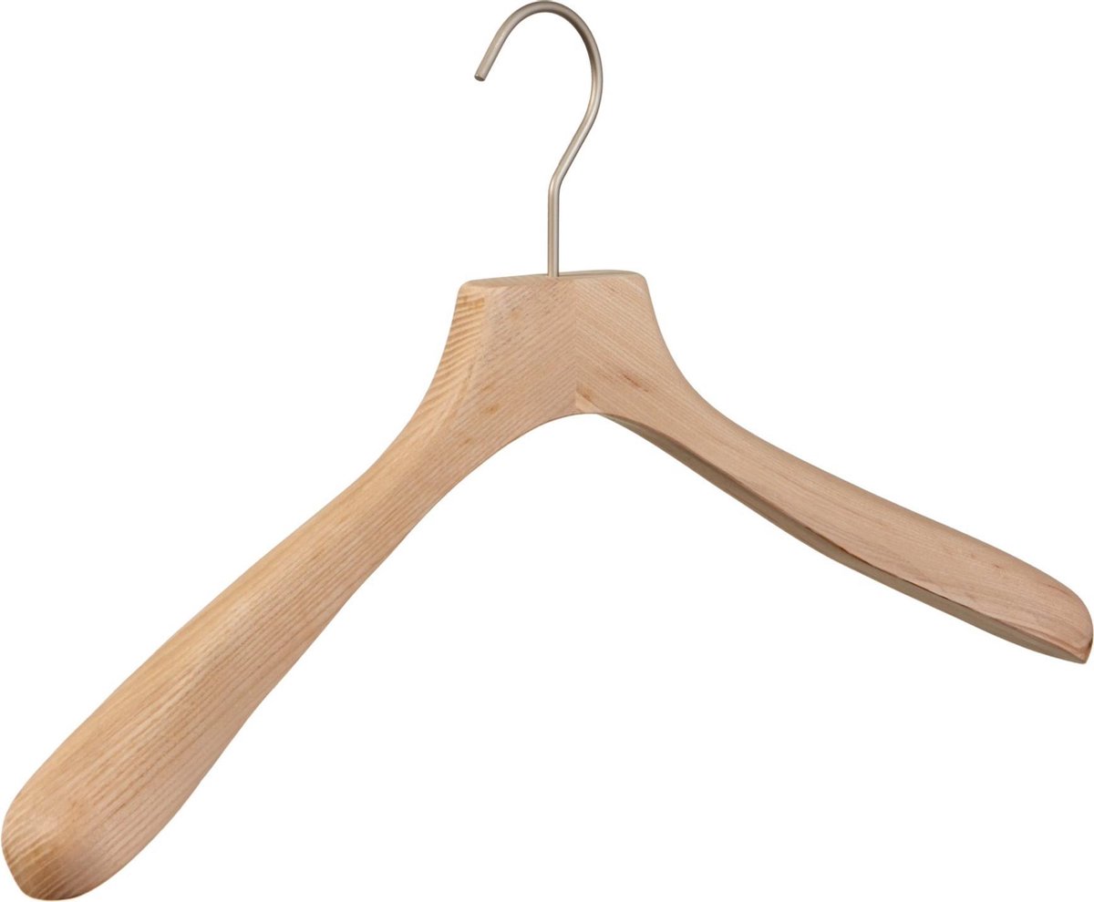 [Set van 10] Luxe handgemaakte jashangers / garderobehanger vervaardigd uit duurzaam en ongelakt massief essenhout met brede schouders en een 4mm dikke matzilveren haak