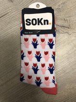 SOKn. trendy sokken "Tulpen" wit/rood maat 35-41  (Ook leuk om kado te geven !)