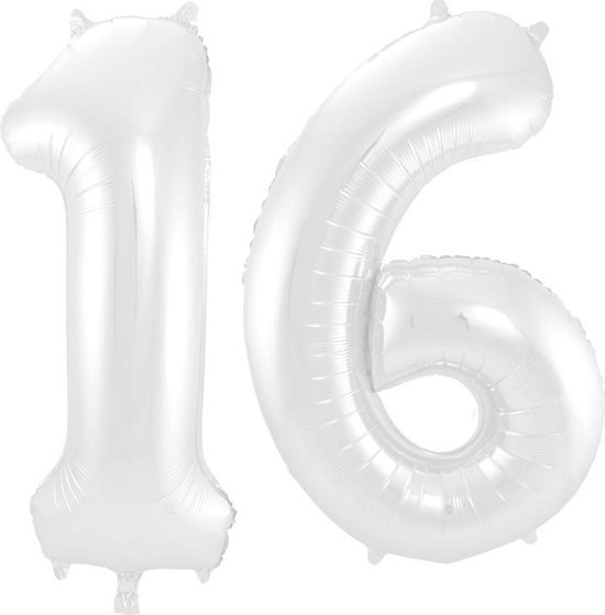 Folieballon Cijfer 16 Wit Metallic Mat - 86 cm