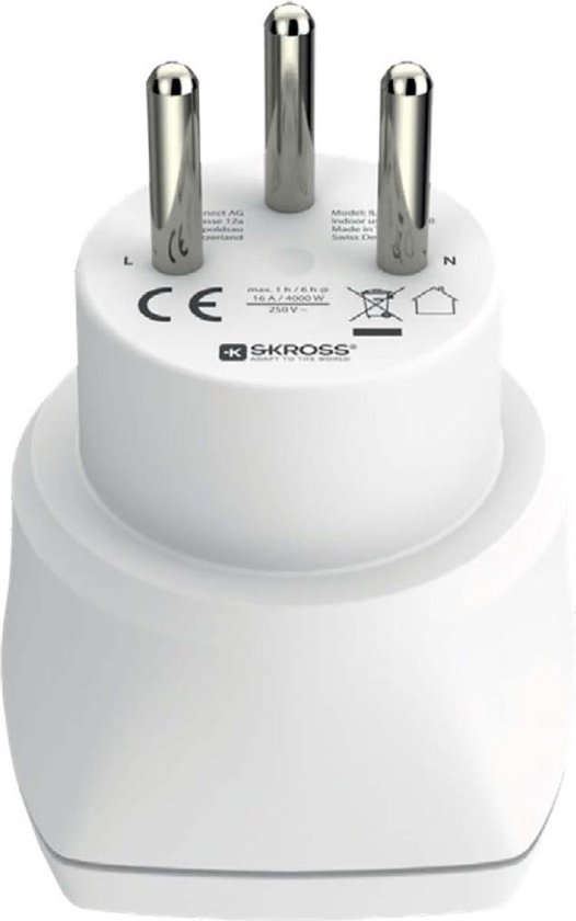 Witte SKROSS reisadapter met drie metalen pinnen voor Israël, met CE-markering.