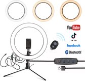 Douxe LED Ringlamp met statief (verstelbaar) incl telefoonhouder en bluetooth afstandsbediening - 26 cm/10 inch - 25 cm hoog - USB - TikTok - Ringlight - flitser - Ring lamp - Ringlamp telefo