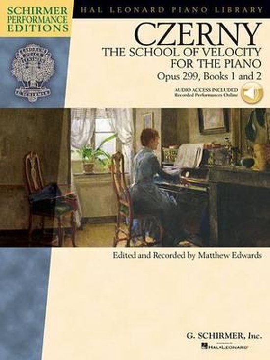 Boek "Czerny The School of Velocity for the Piano Opus 299, Books 1 and 2". Met een schilderij van een vrouw aan een piano.