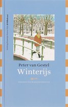 Boek 'Winterijs' van Peter van Gestel, met een illustratie van een jongen in de sneeuw bij een brug.