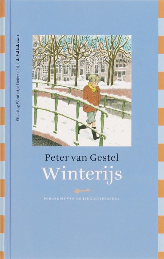 Boek 'Winterijs' van Peter van Gestel, met een illustratie van een jongen in de sneeuw bij een brug.