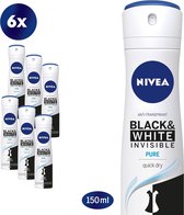 NIVEA Invisible For Black & White Pure - 6 x 150 ml - Voordeelverpakking - Deodorant Spray