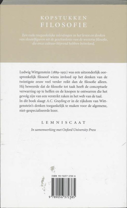 Achterkant van het boek Kopstukken Filosofie - Wittgenstein met ISBN en streepjescode.