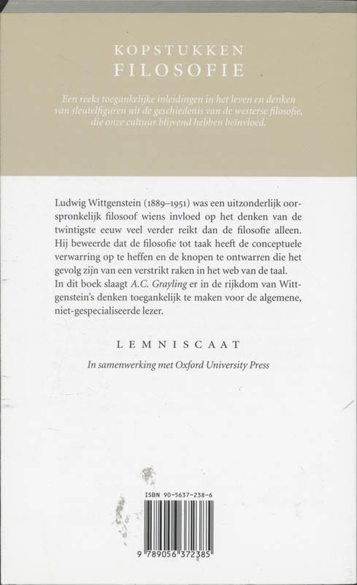 Achterkant van het boek Kopstukken Filosofie - Wittgenstein met ISBN en streepjescode.