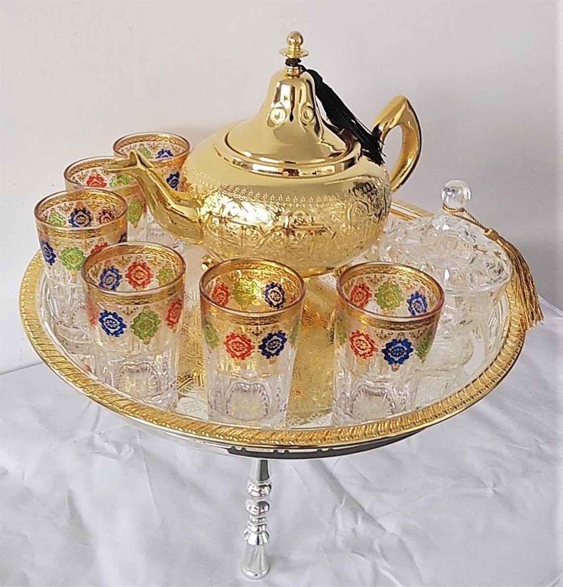 Complete Marokkaanse theeset, met gouden theepot, Marokkaanse dienblad met... bol.com