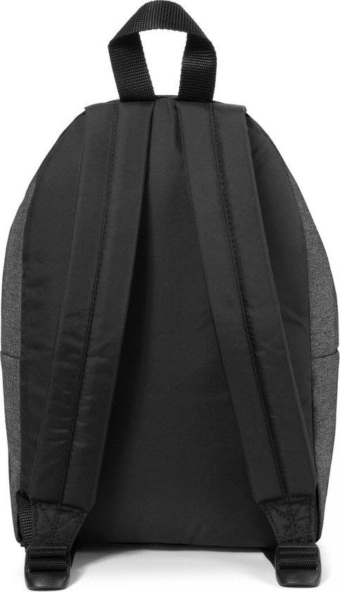 Achterkant van een donkergrijze Eastpak Orbit rugzak in denimlook met zwarte banden.