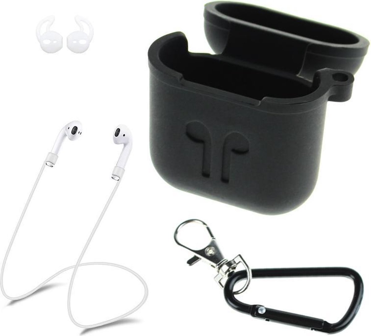 silicone case geschikt for geschikt voor Apple Airpods – 3 in 1 set hoes / strap / earhooks – zwart