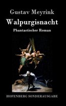 Boekomslag van "Walpurgisnacht" van Gustav Meyrink, met een duistere, schilderachtige afbeelding van zwevende figuren boven een worstelende man.