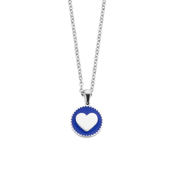 CO88 Collection Majestic 8CN 26048 Stalen Collier met Hanger - Rond met Hart Ø 15 mm - Lengte 42 + 5 cm - Zilverkleurig / Blauw