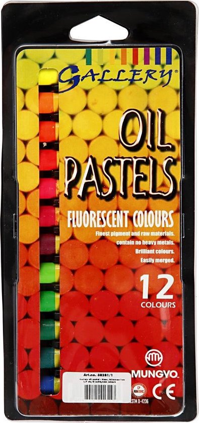 Verpakking met 12 Gallery fluorescent oliepastels met productinformatie en barcode.