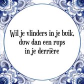 Tegeltje met Spreuk (Tegeltjeswijsheid): Wil je vlinders in je buik, duw dan een rups in je derri�re + Kado verpakking & Plakhanger