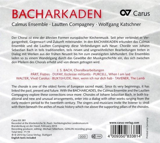 CD-hoes met tekst 'BACHARKADEN CALMUS ENSEMBLE LAUTTEN COMPAGNEY WOLFGANG KATSCHNER'. Gedetailleerde beschrijving van de muziek.