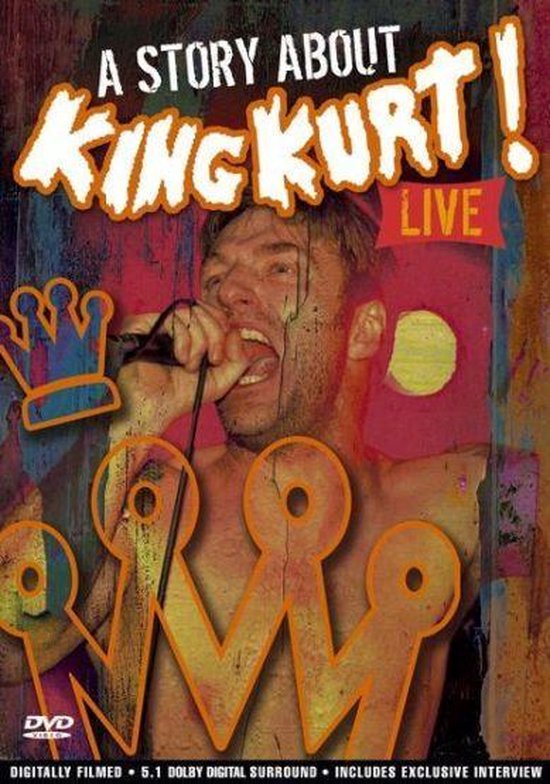 DVD hoes met "A Story About King Kurt LIVE" tekst. Een man zingt in een microfoon. Grote kroon-afbeeldingen.