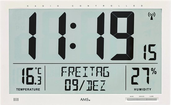 AMS F5887 - Wandklok - Tafelklok - Digitaal - Kunststof - Radiogestuurde tijdsaanduiding - LCD - Temperatuur - Vochtigheid - Wit