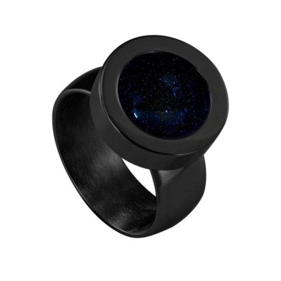 Quiges RVS Schroefsysteem Ring Zwart Glans 16mm met Verwisselbare Zandsteen Blauw 12mm Mini Munt