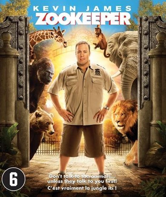 Zookeeper poster met Kevin James in een zoo-uniform, omringd door een leeuw, olifant, giraffe, aap, gorilla en bruine beer. Tekst: "Don't talk to the animals... unless they talk to you first!"