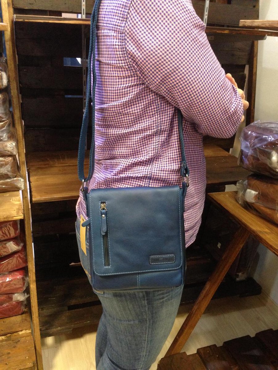 Hillburry - 3609-S-blauw lederen schouder tas - vintage look