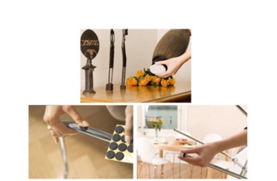 Drie afbeeldingen van Tesa viltjes: productdisplay met bloemen, bevestiging op stoelpoot, en stoel met viltjes.