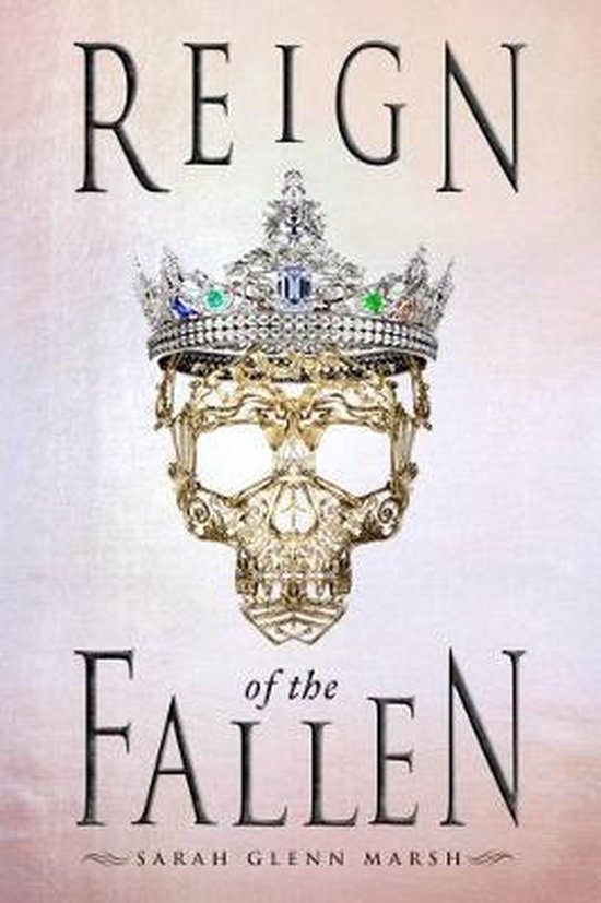 Boekomslag van 'Reign of the Fallen' met een gouden schedel versierd met een kroon.