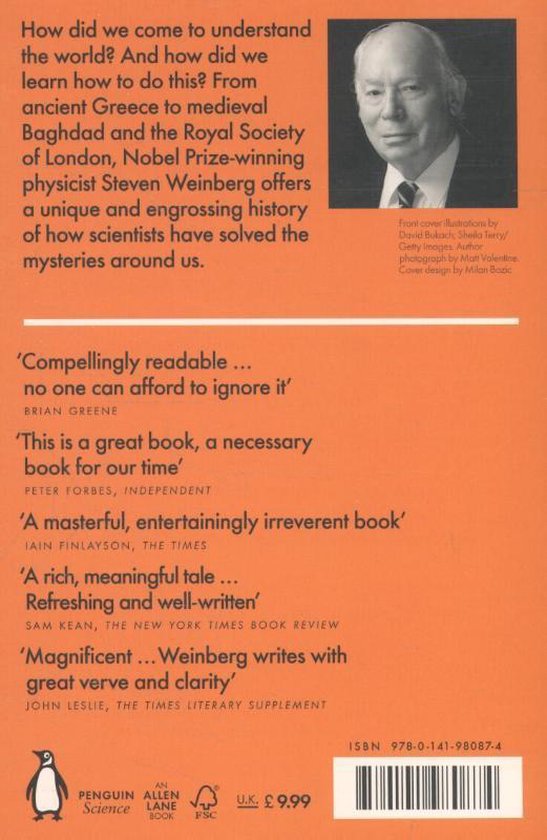 Achterkant boek 'To Explain The World' met tekst en een portret van Steven Weinberg.